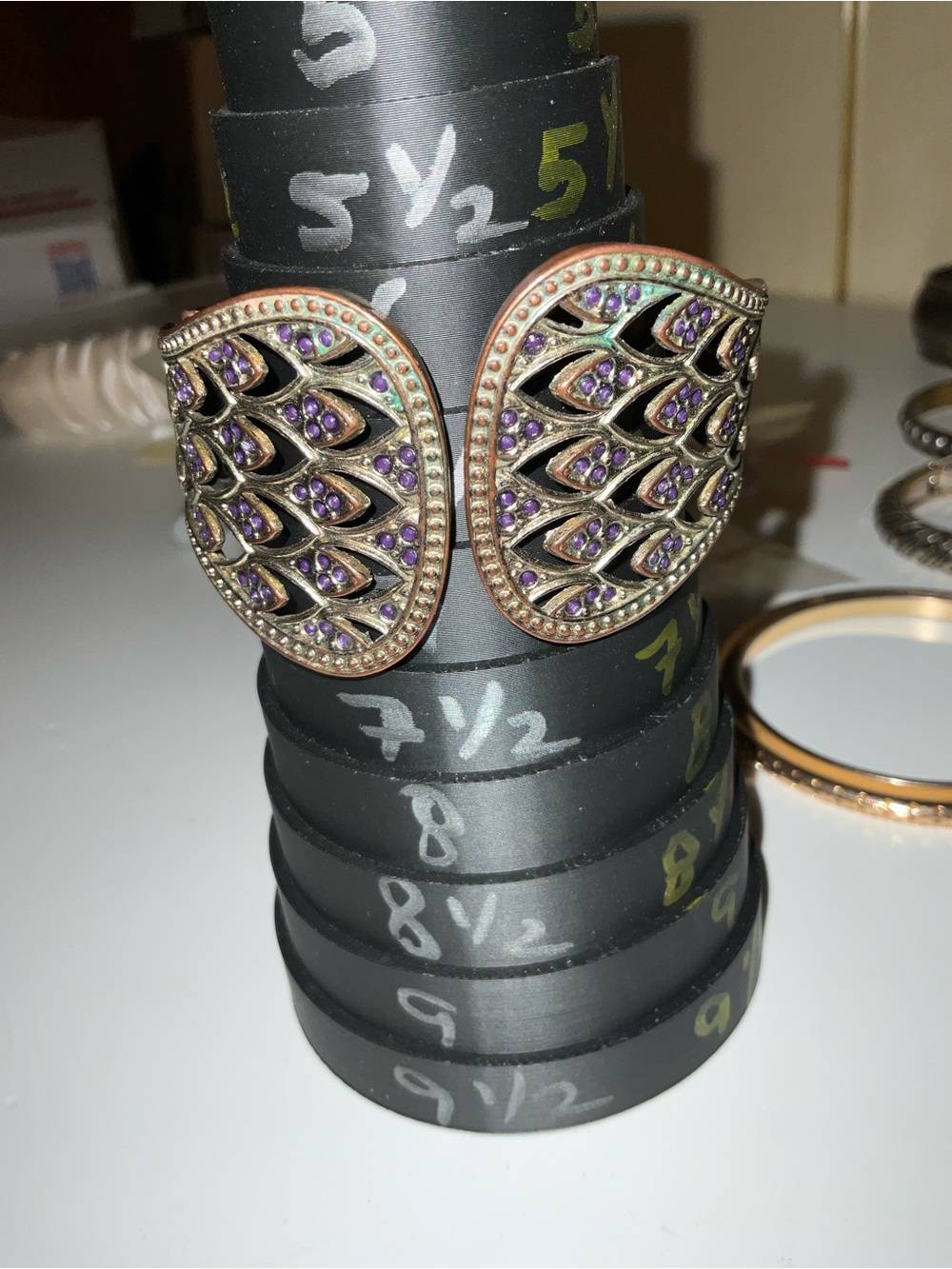 Vintage OXIDIZE Purple Swarovski Crystal Filigree Cuff Bracelet BronzeTone Metal